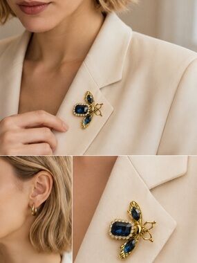 Gold Bee Brooch with Deep Navy Blue Stones - Women Jewelry